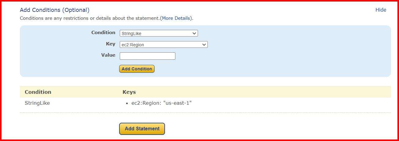 Picture showing a section of aws policy generation page to add conditions